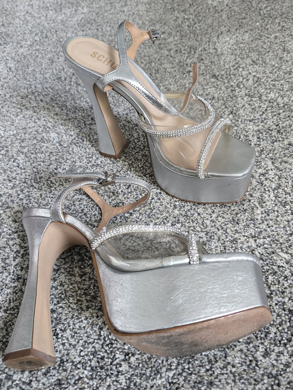 Schutz Aileen Open Toe Clear Platform Sandals Silver With Rhinestone Size 7